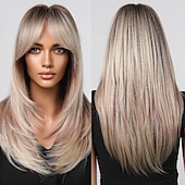 tanie Peruki syntetyczne modne-Blond brązowe peruki ombre dla czarnych kobiet długie warstwowe proste peruki z grzywką peruki syntetyczne naturalne włosy do codziennego użytku imprezowego peruki barbiecore
