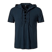 economico Cime-t-shirt vichinga medievale in cotone a maniche corte con cappuccio camicie da uomo in stile retrò con lacci hippie abbinati al costume larp