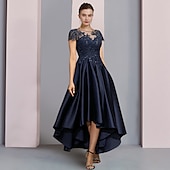 levne Délka čaje-Šaty ve stylu A-Line matka nevěsty formální svatební host elegantní párty vysoký nízký výstřih do kulata asymetrické délka čaje satén krajka poloviční rukáv s flitrovými aplikacemi volná velikost na