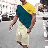 billige T-skjorter med trykk for menn-Herre Grafisk Fargeblokk 2stk T-skjorter sett Matchende sett Kortermet Korte bukser Crew-hals Designer Fritid Bekvem utendørs Feriereise Daglig 3D-utskrift Vår sommer Svart Hvit Gul