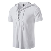 economico Cime-t-shirt vichinga medievale in cotone a maniche corte con cappuccio camicie da uomo in stile retrò con lacci hippie abbinati al costume larp