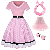 preiswerte Outfits-Retro Vintage 1950er Jahre Grease Outfits Rockabilly Petticoat Hoops Rock A-Linien Kleid Tutu Polka Dot Schickes Kleid Damen Party  Abend Maskerade Erwachsenen Kleid Ohrringe Kopfschmuck Frühling