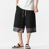 cheap Home-Men&#039;s Linen Shorts Capri Pants Patchwork Drawstring Elastic Waist Plain Comfort Breathable Outdoor Daily Going out Linen / Cotton Blend Fashion Casual Black Dark Blue