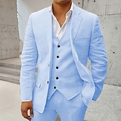 abordables Costumes d&amp;#39;affaires-Costumes de mariage en lin pour hommes blanc bleu ciel été unis ajustement ajusté 3 pièces à simple boutonnage deux boutons