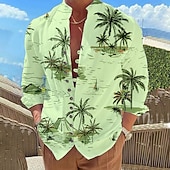 voordelige Tropische planten-Voor heren Kokosnootboom Tropische planten Overhemd Hawaiiaans overhemd Aloha-shirt Lange mouw Overhemd Opstaand Modieus Ontwerper Casual Buiten Vakantie Straat Wit Blozend Roze blauw S M L