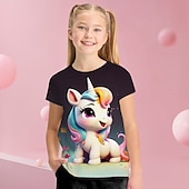 billige Jentes 3D-tegneserie-Jente 3D Grafisk Tegneserie enhjørning T skjorte T-skjorte Kortermet 3D-utskrift Sommer Vår Aktiv Mote søt stil Polyester Barn 3-12 år utendørs Avslappet Daglig Normal