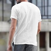 cheap Street-Men&#039;s Shirt Linen Shirt Band Collar Shirt Summer Shirt Beach Wear Button Up Shirt Plain Vacation Casual Black White Blue Khaki Short Sleeve Band Collar Summer Clothing Apparel
