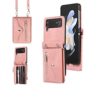 Недорогие Чехлы для Samsung-телефон Кейс для Назначение SSamsung Galaxy Z-флип 6 Z Flip 5 Z Flip 4 Z Flip 3 Сумочка Кошелек Кошелек для карт Флип Молния со съемным ремешком через плечо Однотонный ПК Кожа PU