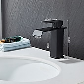 お買い得  クラシカル-ウォーターフォールバスルームシンクミキサー蛇口、洗面所モノ洗面台タップシングルハンドルデッキマウントクロームブラックブラッシュ仕上げ、冷温ホース付きモノブロック水栓