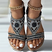 economico Infradito da Vacanza-sandali da donna bohémien con strass – sandali piatti vintage glamour con perline e motivo floreale cavo per la spiaggia e l&#039;estate