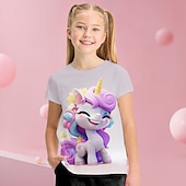 billige Jentes 3D-tegneserie-Jente 3D Grafisk Tegneserie enhjørning T skjorte T-skjorte Kortermet 3D-utskrift Sommer Vår Aktiv Mote søt stil Polyester Barn 3-12 år utendørs Avslappet Daglig Normal
