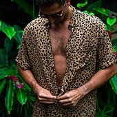 preiswerte Vögel &amp; Tiere-Herren Tier Leopard Hemd Hawaiihemd Sommerhemd Aloha-Shirt Kurze Ärmel Hemd Umlegekragen Tropisch Modisch Hawaiianisch Outdoor Strasse Hawaiianisch Schwarz Braun Grün S M L