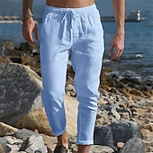 cheap Holiday-Men&#039;s Linen Pants Trousers Summer Pants Pocket Drawstring Plain Comfort Breathable Ankle-Length Casual Daily Going out Simple Casual Black White Micro-elastic