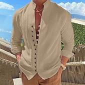 billiga Semester-Herr Skjorta linneskjorta Sommarskjorta Casual skjorta Knapp upp skjorta Slät Semester Curise Svart Vit Rodnande Rosa Blå Långärmad Bandkrage Sommar Vår &amp; Höst Kläder