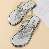 billige Uformelle sandaler-rhinestone-utsmykkede gull slip-on sandaler, stilige flate sommersko for strand-, fritids- og ferieklær
