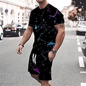 billige T-skjorter med trykk for menn-Herre Grafisk Fargeblokk 2stk T-skjorter sett Matchende sett Kortermet Korte bukser Crew-hals Designer Fritid Bekvem utendørs Feriereise Daglig 3D-utskrift Vår sommer Svart Hvit Gul