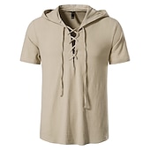 economico Cime-t-shirt vichinga medievale in cotone a maniche corte con cappuccio camicie da uomo in stile retrò con lacci hippie abbinati al costume larp