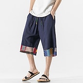 cheap Home-Men&#039;s Linen Shorts Capri Pants Patchwork Drawstring Elastic Waist Plain Comfort Breathable Outdoor Daily Going out Linen / Cotton Blend Fashion Casual Black Dark Blue