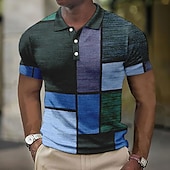 cheap Men&#039;s Color Block Polo-Men&#039;s Plaid Waffle Polo Shirts Golf Shirt Short Sleeve Polo Shirts Collared Shirts Vintage Casual Vacation Wear Formal Wear Festival Wear Buttons 3D Print Light Yellow Crystal / Orange Yellow