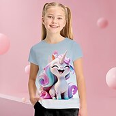 billige Jentes 3D-tegneserie-Jente 3D Grafisk Tegneserie enhjørning T skjorte T-skjorte Kortermet 3D-utskrift Sommer Vår Aktiv Mote søt stil Polyester Barn 3-12 år utendørs Avslappet Daglig Normal