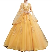 ieftine Rochii de Banchet-Rochie de Bal Quinceanera Rochii de Prințesă Rochie Roșie Verde Rochie Sweet 16 Lungime la Podea Mâneca Scurtă V Gât Tulle cu Aplicații pentru a impresiona