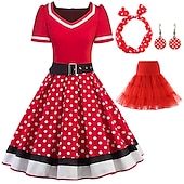 preiswerte Outfits-Retro Vintage 1950er Jahre Grease Outfits Rockabilly Petticoat Hoops Rock A-Linien Kleid Tutu Polka Dot Schickes Kleid Damen Party  Abend Maskerade Erwachsenen Kleid Ohrringe Kopfschmuck Frühling