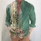 cheap Plants Pattern-Men&#039;s Floral Shirt Button Up Shirt Long Sleeve Fashion Streetwear Designer Outdoor Casual Daily Summer Spring Fall Stand Collar Print Light Green Blue Green Gray