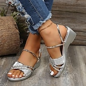 economico Sandali Casual-sandali con zeppa neri da donna – scarpe slip-on con cinturini e strass scintillanti per l&#039;estate, abbigliamento casual e da festa