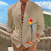 voordelige Vogels &amp; Dieren-Voor heren Papegaai Overhemd Hawaiiaans overhemd Aloha-shirt Lange mouw Overhemd Opstaand Modieus Ontwerper Casual Buiten Vakantie Straat Wit blauw Blauw / Wit S M L