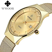 Χαμηλού Κόστους Ρολόγια Quartz-WWOOR επιχειρηματικά ανδρικά πολυτελή ρολόγια πλέγματος λουρί υπερ λεπτό quartz ρολόι ανδρικό αδιάβροχο αυτόματη ημερομηνία αρσενικό ρολόι δώρα για την Ημέρα του Πατέρα
