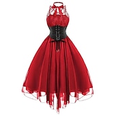cheap Dresses-Women&#039;s Sleeveless Gothic Dress with Corset Halter Lace Swing Cocktail Dress Tulle Dress Formal Casual Halloween Punk Hippie Dresses