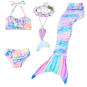 cheap Mermaid Swimsuit-Kids Girls&#039; Five Piece Mermaid Swimwear Swimwear Bikini Swimming Rainbow Cute Sexy Print Bathing Suits 3-10 Years Summer Light Blue Rose Gold