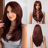 tanie Peruki syntetyczne modne-Blond brązowe peruki ombre dla czarnych kobiet długie warstwowe proste peruki z grzywką peruki syntetyczne naturalne włosy do codziennego użytku imprezowego peruki barbiecore