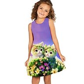 billiga 3D Cartoon Dresser-Barn Flickor Klänning Grafisk Blommig Katt Ärmlös Utomhus Ledigt Mode söt stil Dagligen Polyester Ovanför knäet Vardagsklänning A linjeklänning Linneklänning Sommar Vår 3-12 år Ljusgrön Marinbl