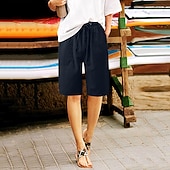 tanie Statki-Damskie Bermudy Spodnie capri Sztuczna bawełna len Letnie szorty Moda Podstawowy Codzienny Do kolan Średni Talia Równina Ściągana na sznurek Boczne kieszenie Workowaty Komfort Nieelastyczny Plaża