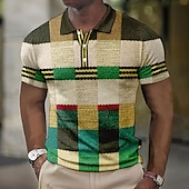 cheap Men&#039;s Color Block Polo-Men&#039;s Plaid Waffle Polo Shirts Golf Shirt Short Sleeve Polo Shirts Collared Shirts Vintage Casual Vacation Wear Formal Wear Festival Wear Buttons 3D Print Light Yellow Crystal / Orange Yellow