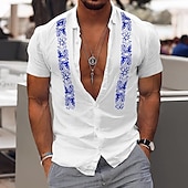 preiswerte Urlaub-Herren Hemd Baumwoll-Leinenhemd Weißes Baumwollhemd Guayabera Hemd Sommerhemd Strandhemd Farbblock Urlaub Lässig Schwarz Weiß Blau Orange Kurzarm Revers Sommer Bekleidung