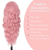 economico Parrucche trendy sintetiche-parrucca rosa parrucche lunghe ondulate da 26 pollici per le donne parrucca riccia parte centrale dall&#039;aspetto naturale parrucche sintetiche in fibra resistente al calore per l&#039;uso quotidiano