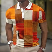 cheap Men&#039;s Color Block Polo-Men&#039;s Plaid Waffle Polo Shirts Golf Shirt Short Sleeve Polo Shirts Collared Shirts Vintage Casual Vacation Wear Formal Wear Festival Wear Buttons 3D Print Light Yellow Crystal / Orange Yellow