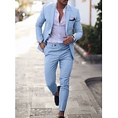 baratos Ternos casuais-Trajes de Linho de Verão Masculinos Azul Claro Verde Ervilha Cor Sólida Ajuste Sob Medida 2 Peças com Um Botão