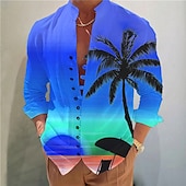 voordelige Tropische planten-Voor heren Kokosnootboom Tropische planten Overhemd Hawaiiaans overhemd Aloha-shirt Lange mouw Overhemd Opstaand Modieus Ontwerper Casual Buiten Vakantie Straat Geel blauw Fuchsia S M L