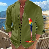 voordelige Vogels &amp; Dieren-Voor heren Papegaai Overhemd Hawaiiaans overhemd Aloha-shirt Lange mouw Overhemd Opstaand Modieus Ontwerper Casual Buiten Vakantie Straat Wit blauw Blauw / Wit S M L
