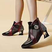 preiswerte Stiefeletten-Schwarze und rote Stiefeletten für Damen mit Mesh-Einsätzen und verziertem Absatz – elegantes modisches Schuhwerk für besondere Anlässe