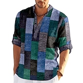 abordables Diseño Geométrico-Hombre Ajedrez Retazos Diseño Geométrico Camisa Abotonar la camisa Manga Larga Moda Ropa de calle Design Casual Noche Verano Primavera Otoño Escote Chino Estampado Caqui+Caqui Negro Blanco Amarillo