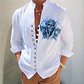 billiga Blommönster-Herr Mörk Skjorta Aloha skjorta Långärmad Mode Designer Ledigt Semester Dagligen Utekväll Höst Vår &amp; sommar Hög krage Mönster Svart Gul Svart / Röd Armégrön Rubinrött