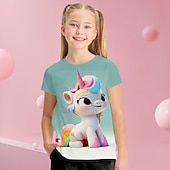 billige Jentes 3D-tegneserie-Jente 3D Grafisk Tegneserie enhjørning T skjorte T-skjorte Kortermet 3D-utskrift Sommer Vår Aktiv Mote søt stil Polyester Barn 3-12 år utendørs Avslappet Daglig Normal