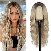 economico Parrucche trendy sintetiche-parrucche lunghe ombre bionde per le donne parrucca parte centrale ondulata lunga 26 pollici parrucche bionde ombre fibra proteica aggiornata parrucca di sostituzione dei capelli dall&#039;aspetto