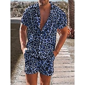 preiswerte Bedruckte Hemden-Sets für Herren-Herren Leopard 2St Hemden-Sets Sommer Hawaiihemd Kurzarm Kurze Hosen Umlegekragen Tropisch Mode Hawaiianisch Lässig Ferien Strand Druck Sommer Frühling Blau Purpur Braun