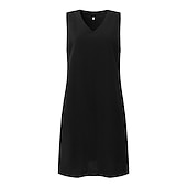 cheap Design Cotton &amp; Linen Dresses-Women&#039;s Black Yellow khaki Summer Spring Midi Dress Linen-Inspired Dresses Casual Dress Cotton Linen Dress Basic Casual Outdoor Vacation Daily Regular Fit Pure Color V Neck