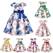 cheap Casual Dresses-Kids Girls' Dress Flower Dress Flower Short Sleeve Anniversary Party Tie Knot Bow Adorable Princess Sweet Polyester Knee-length Skater Dress Pleat Dress Floral Dress Summer Spring 4-13 Years